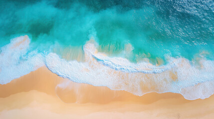 Aerial view of golden beach and turquoise ocean with sunbathers