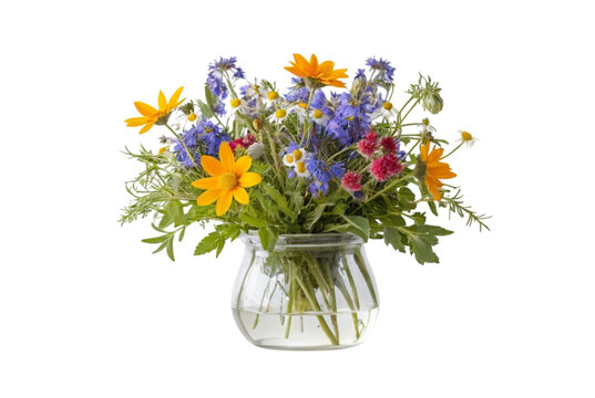 Beautiful bouquet of wildflowers in the glass flower pot  Png Image