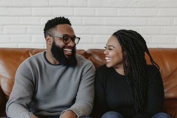 Obraz premium A young african woman and her Black boyfriend are watching television on the sofa in their home, smiling at the camera. The shot is a wide-angle, full-body portrait in a living room