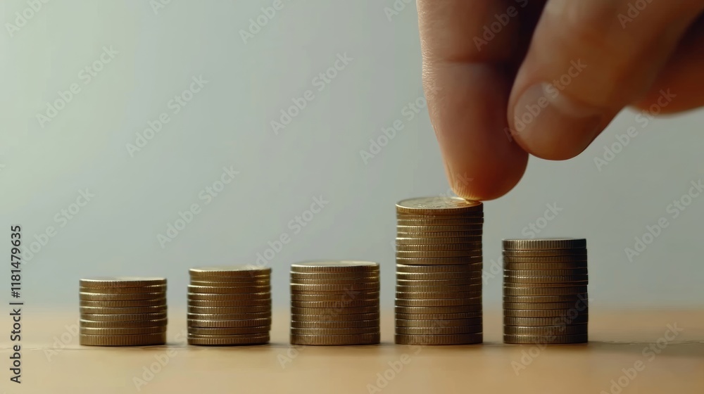 Fototapete hand adding coin to a stack of coins arranged as a growing graph, symbolizing increasing profits, sa