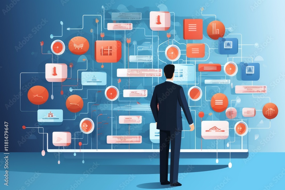 Poster businessman looking at a large screen displaying a complex network of interconnected data points, sy