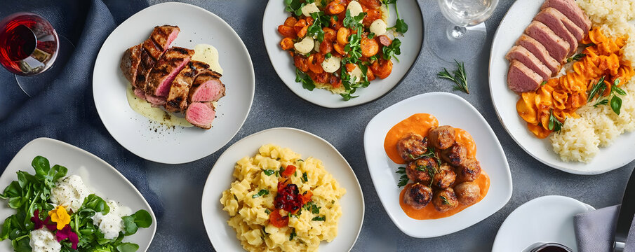 Delicious meal, gourmet food, dinner plates.