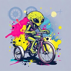 Cute Alien Riding a Colorful Tricycle with Abstract Background