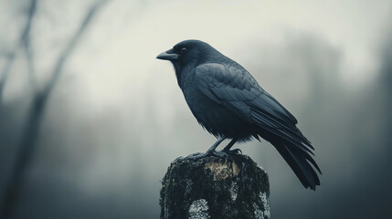A solitary crow perched on a moss-covered post, set against a blurred, moody background, embodying solitude and mystery in a tranquil environment.