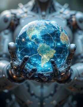 Cyberborg holding an illuminated globe with care in his hands, Abstract futuristic, 3D rendering, Artificial intelligence (AI), neural network, sci-fi, sphere, planet
