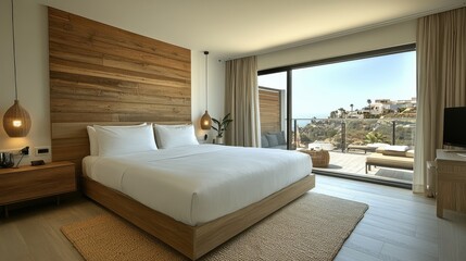 Modern hotel room with balcony overlooking tropical landscape during the day