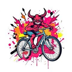 Fototapeta premium Fiery Demon Riding Bicycle with Colorful Graffiti Background