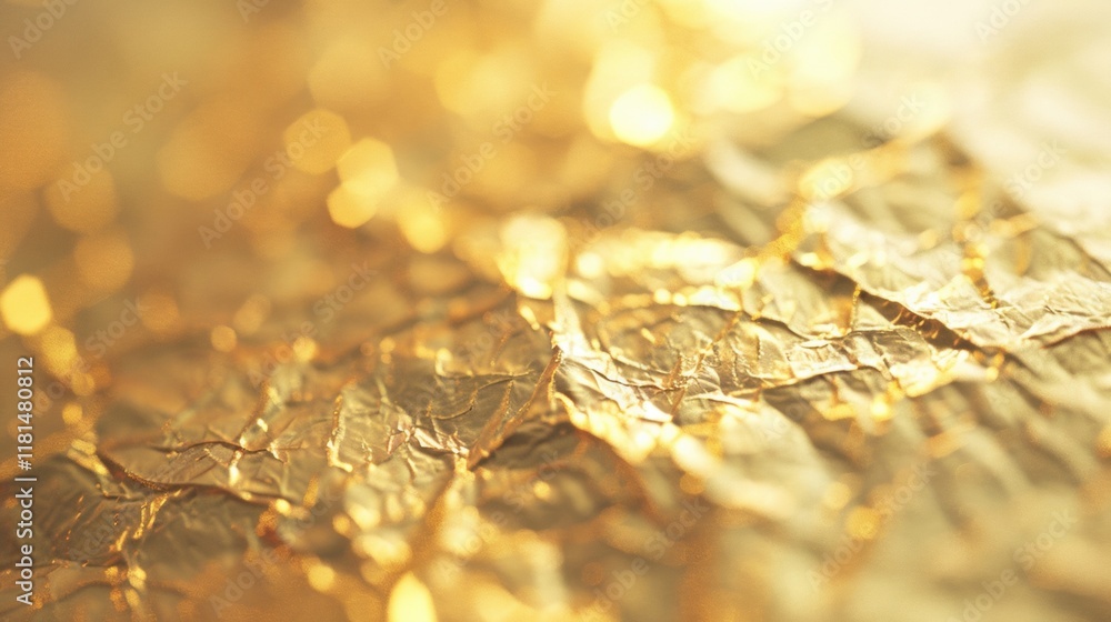 Poster close-up of crinkled gold foil displaying intricate textures and shimmering light effects, creating 