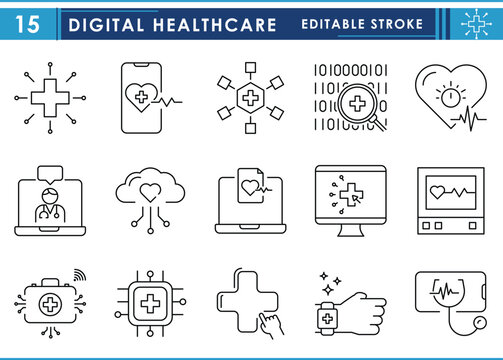 A set of line icons related to Digital Healthcare. Health, digital, smartwatch, heartbeat, mobile, online, remote, cloud, medical service, and so on. Vector editable stroke.