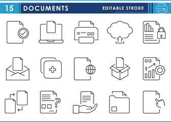 A set of line icons related to Documents. Tick, digital, cloud, upload, secured, printer, new, envelope, folder, and so on. Vector editable stroke.