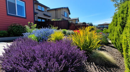 A lush garden with purple sage, blue salvia, and green boxwood bushes in the background. 