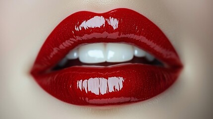 Obraz premium Close-up of glossy red lips and white teeth.