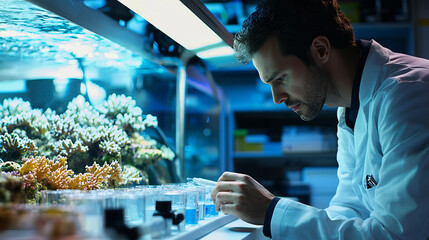Marine Biologist Testing Aquarium Filtration System in Laboratory