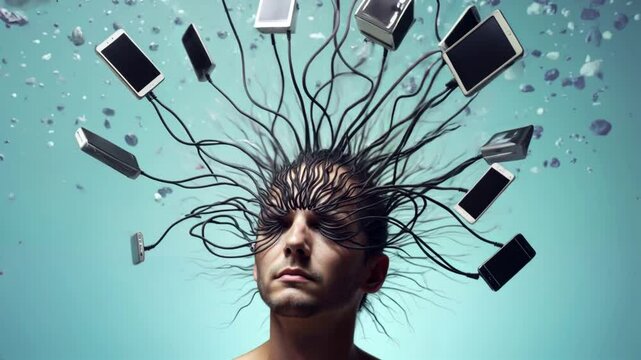 human head connected by wires to smart devices