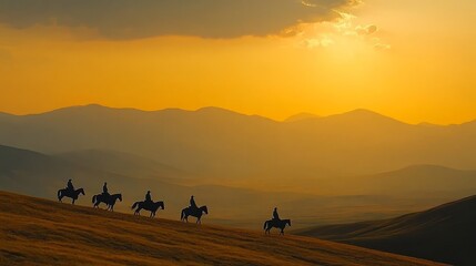 Fototapeta premium Cowboys on Horseback at Sunset: A Cinematic Western Scene Highlighting Adventure, Tradition, Equestrian Culture, Natural Beauty, and Frontier Heritage