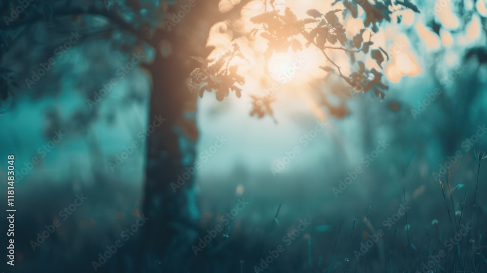 Poster a solitary tree stands amidst a shadowy backdrop as soft light filters through the branches during t