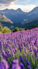 Fototapeta premium Beautiful lavender field with mountains in the background under a clear blue sky