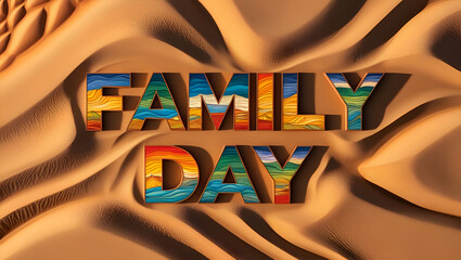 International Family Day, colorful word of Family day made on sand of desert, Women's History Month, Generative Ai
