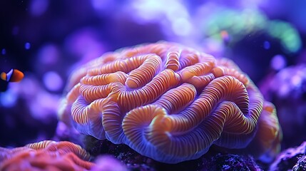 Closeup of brain coral showcasing intricate pattern vibrant color small fish swimming nearby