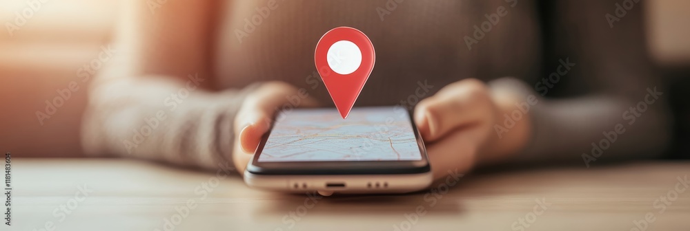 Poster Woman is holding smartphone with navigation app displaying map and location pin, symbolizing online map and gps technology for travel and destination search