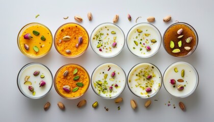 Fototapeta premium Colorful Indian Desserts with Nuts and Cream in Bowls on Light Background
