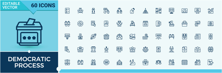 Democratic Process icon set. It contains symbols to equal, democracy, election, choice, politic, referendum and more. Pixel perfect. Editable vector outline and solid icons.