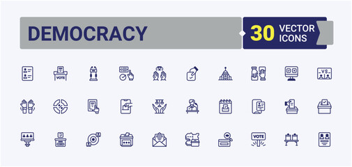Set of Democracy line icons. Featuring success, flag, people, referendum, election, political. Thin outline icons pack. Vector illustration in modern line style.
