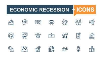 Economic Recession linear icon. Includes icons for economic, bankruptcy, depression, crisis, price, stock, fail and more. Minimalistic icons. Vector outline and solid icons collection.