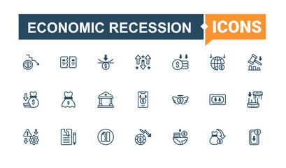Economic Recession linear icon. Includes icons for economic, bankruptcy, depression, crisis, price, stock, fail and more. Minimalistic icons. Vector outline and solid icons collection.