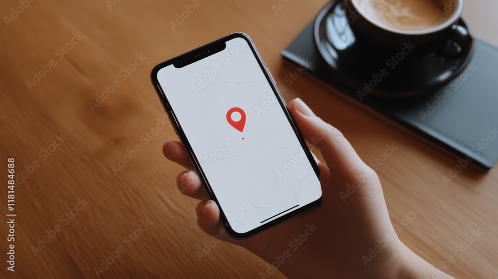 Poster hand holding smartphone displaying navigation app with red location pin, next to cup of coffee and n