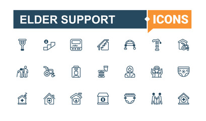 Set of Elder Support line icons. Includes thin line nursing, couple, service, older, caregiver, health and more. Web icons. Vector illustration in modern line style.