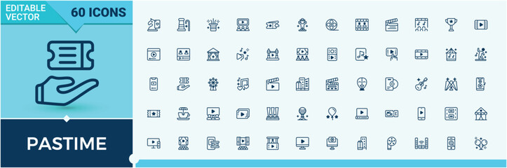 Pastime icon set. Contains related to alcohol, cinema, microphone, drink, trip, music, holiday and more. Thin outline icons pack. Solid line editable stroke. Vector line and solid icons.