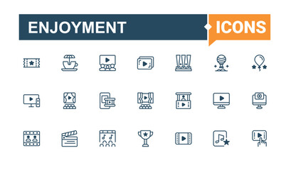 Set of Enjoyment line icons. Includes thin line diet, sport, holiday, video, entertainment, alcohol and more. Minimalistic icon. Outline and solid pictogram.