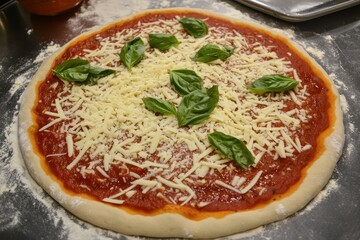 Delicious Homemade Pizza Preparation: Unbaked Cheese and Basil Pizza Dough.