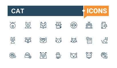 Cat icons set. Contains such icons as hand, bone, domestic, art, animal, pack and more. Perfect for logos and infographics. Outline and solid pictogram.
