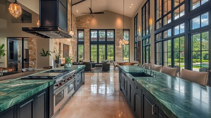 Luxury Kitchen Design: Green Marble Island and Expansive Windows