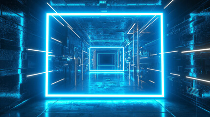 Futuristic glowing neon blue corridor with digital patterns and reflections