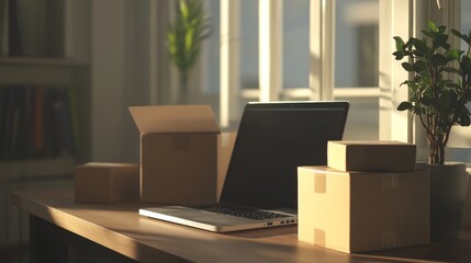 Fototapeta premium Warm sunlight illuminates a workspace featuring cardboard boxes, a closed laptop, and a potted plant, creating a scene suggestive of online shopping, order fulfillment, and e commerce activities