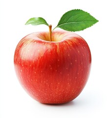 A red apple with a green leaf against a white background