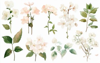 Obraz premium Colorful watercolor flowers and leaves on a clean white background