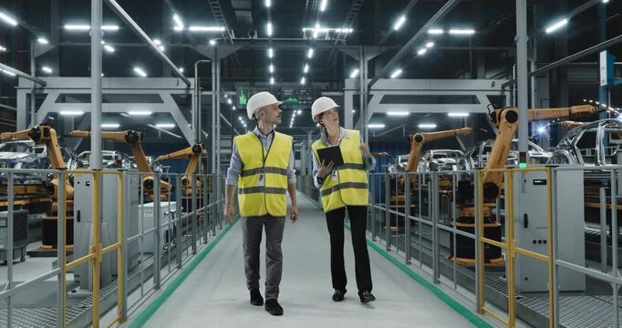 Female and Male Engineers Walking with Laptop Computer Through an Automated Vehicle Assembly Line with Robotic Arms Working on Car Frames, Discussing Production at the Industrial Manufacturing Plant