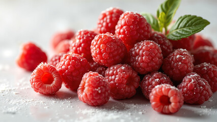 Fresh raspberries sprinkled with sugar on a light background