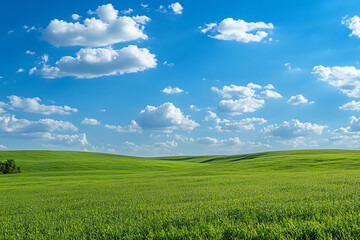 Obraz premium Vast green fields under a bright blue sky with fluffy white clouds, creating a serene and peaceful natural landscape.