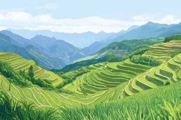 Fototapeta premium Lush green terraced rice fields in asian mountain landscape