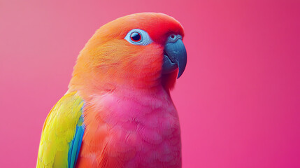 Vibrant parrot with bright colors against a pink background, showcasing its unique features and lively personality.
