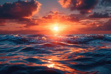 Obraz premium Stunning Sunset Over Ocean Waves Coastal Landscape Photography Serene Nature View