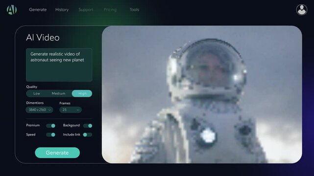 Artificial Intelligence Software Playback Template Creating an AI Generated Content with an Astronaut. Text to Video App Showing a Futuristic Scene with a Female Astronaut Exploring a New Planet