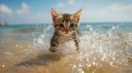 A playful kitten splashing in shallow waves at the beach, its tiny paws kicking up water droplets as the ocean stretches out endlessly behind it 