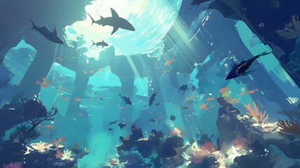 Underwater scene featuring fish and coral, with rays of light filtering from the surface, creating an ethereal ambiance