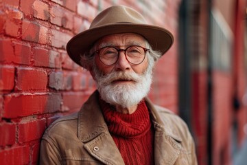 Portrait of Elderly Man in Stylish Attire Against Red Brick Wall Urban Close-Up